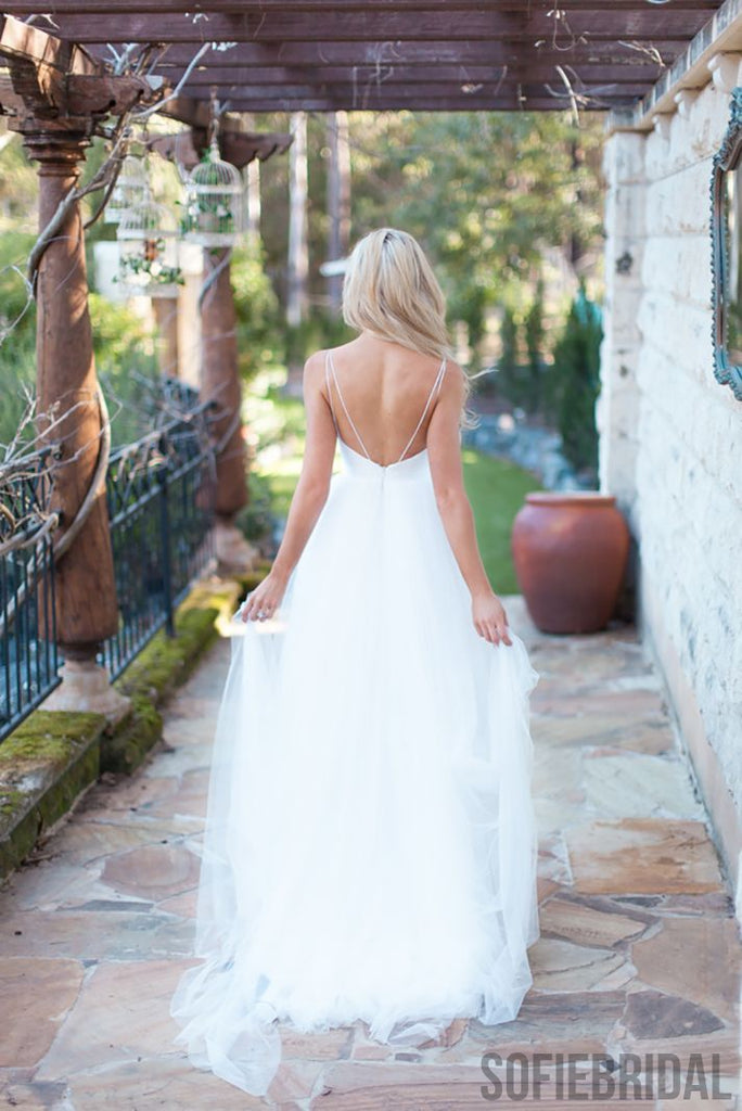 Simple Elegant Long A-line Ivory Tulle Wedding Dresses, WD0295