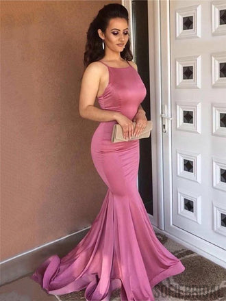 Mermaid Halter Zipper Back Simple Prom Dresses With Train, PD0035