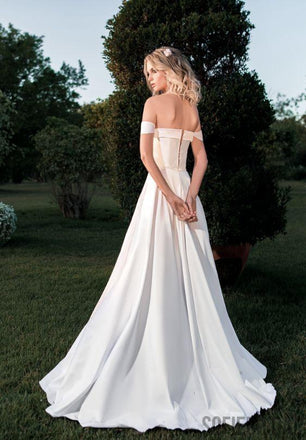 Off Shoulder Long A-line Satin Simple Wedding Dresses, WD0302