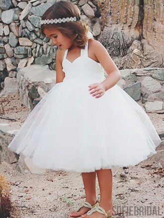 Halter Sleeveless Simple Ivory Tulle Flower Girl Dresses, FG093
