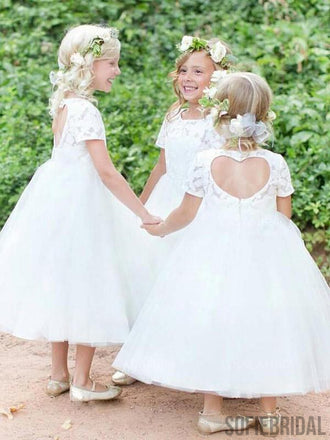 New Arrival Short Sleeves Lace Top Ivory Tulle Flower Girl Dresses, FG092