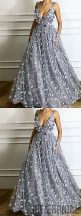 V-neck Grey Floral Prom Dresses, A-line Prom Dresses, Cheap Prom Dresses, PD0680