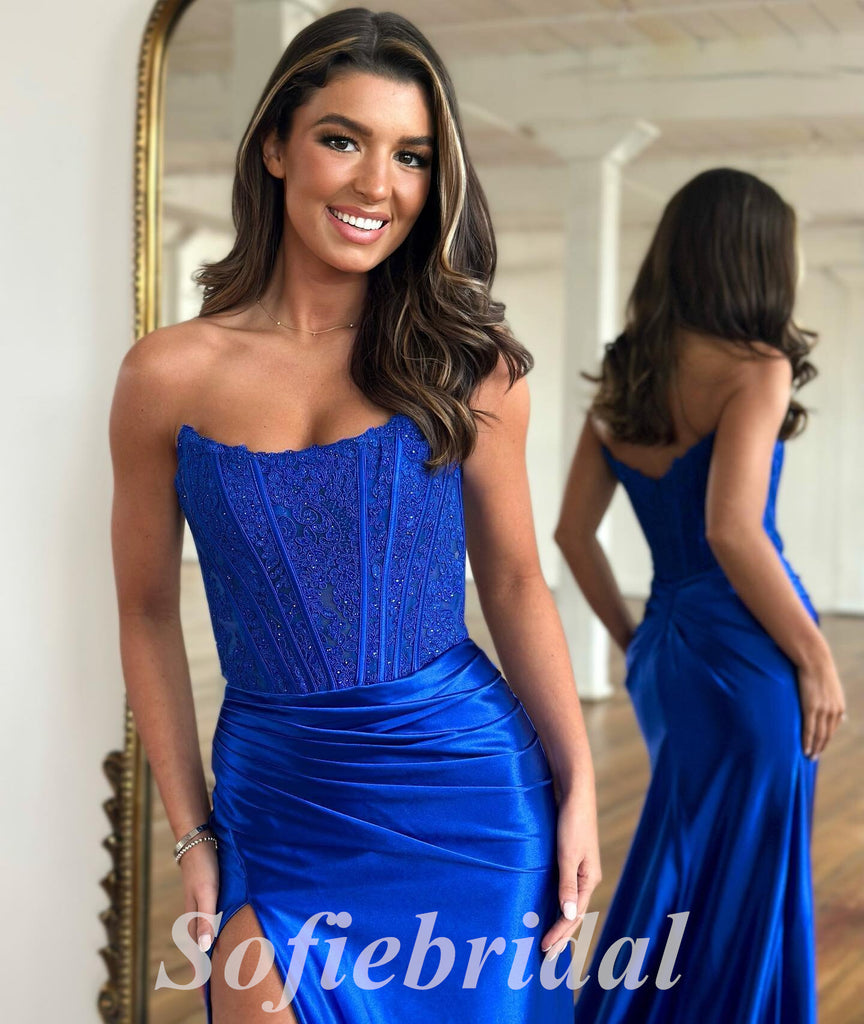 Sexy Satin And Lace Sweetheart Sleeveless Side Slit Mermaid Long Prom Dresses,SFPD0738