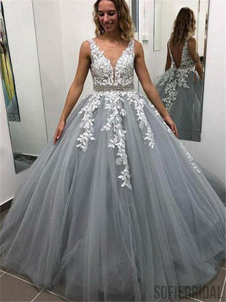Gray V Neck Appliques Ball Gown with Beading Long Prom Dresses, PD0068