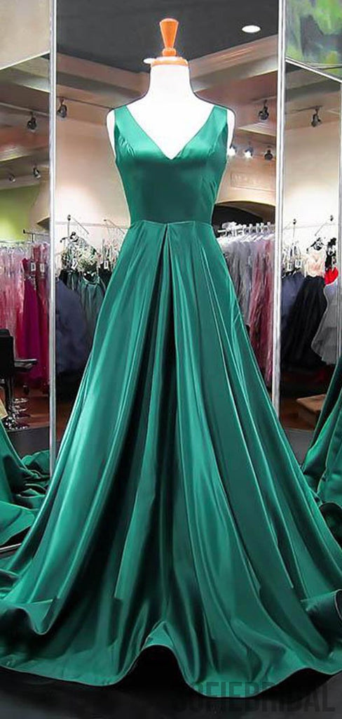Emerald Green V-neck Long A-line Satin Prom Dresses, PD0799