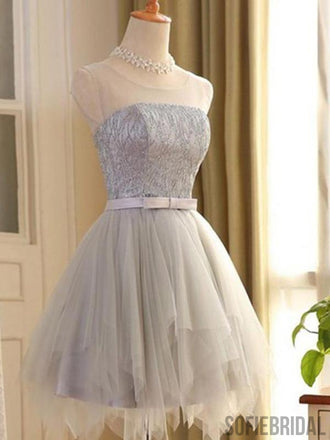 Grey Scoop Neck Lace Beaded Homecoming Dresses 2018, CM417