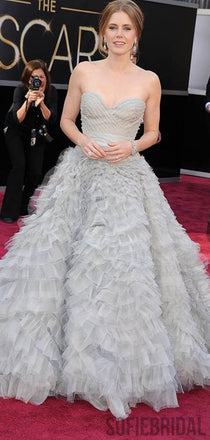 Sweetheart Long Tulle Fluffy Grey Prom Dresses, Celebrity Dresses, PD0806