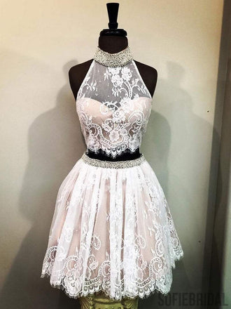 Cheap Halter Two Piece Cute Lace Homecoming Dresses 2018, CM497