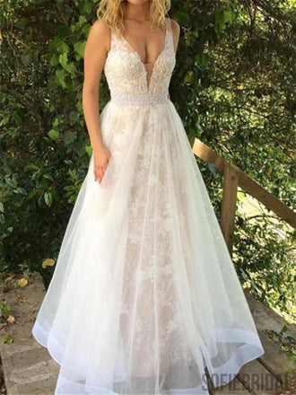 A-line Deep V-neck Lace Appliques Long Tulle Prom Dresses, PD0037