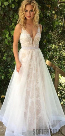 A-line Deep V-neck Lace Appliques Long Tulle Prom Dresses, PD0037