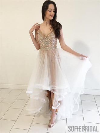 V-neck Beaded Rhinestone Prom Dresses, Hi-low Prom Dresses, Newest Prom Dresses, PD0634