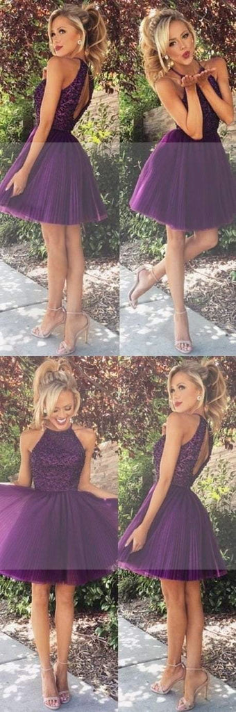 Purple Sexy Open back Halter Beaded homecoming prom dresses, CM0022