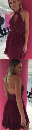 Halter Maroon Lace Homecoming Dresses, Chiffon Homecoming Dresses, Cheap Homecoming Dresses, SF0101