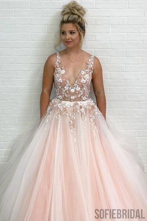 Charming A-Line V-Neck Floor-Length Appliques Beading Prom Dress, PD0066