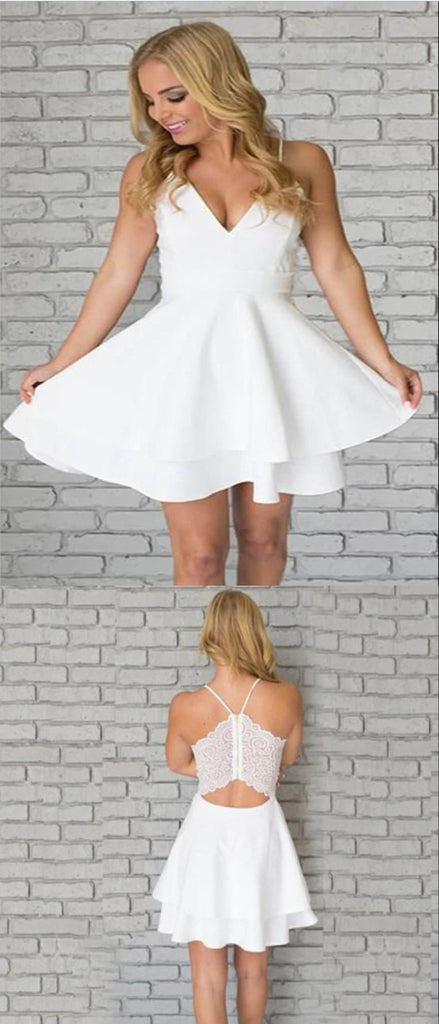White Chiffon V-Neck Spaghetti Straps A Line Short Mini Homecoming Dresses,HD0212