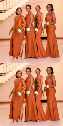 Mismatched Orange Satin Sheath Elegant Bridesmaid Dresses, SFWG00418