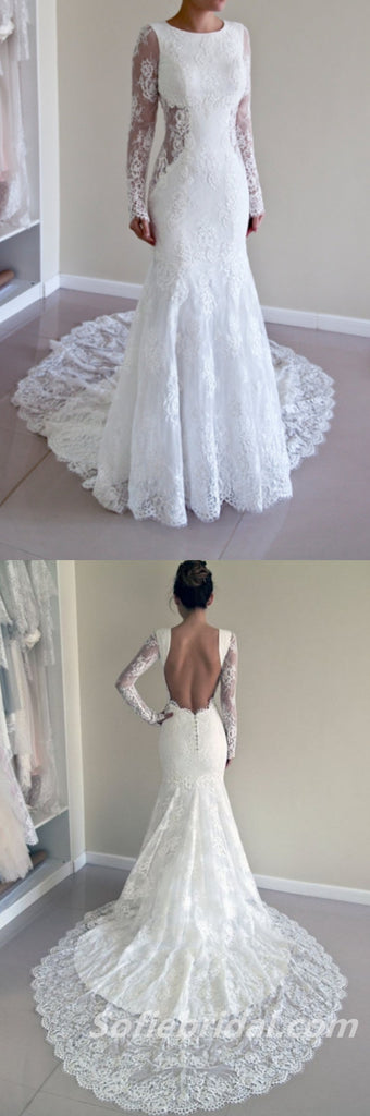 Gorgeous Tulle And Lace Jewel Long Sleeves Open Back Mermaid Long Wedding Dresses,SFWD0063
