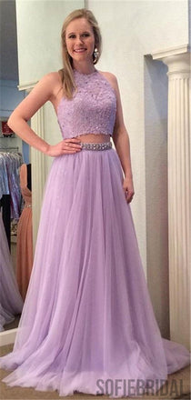 Two Piece Halter Backless Lavender Lace Tulle Prom Dress, PD0065