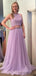 Two Piece Halter Backless Lavender Lace Tulle Prom Dress, PD0065