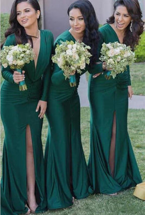 Unique Long Sleeves Sexy V Neck Mermaid Teal Green Cheap Long Bridesmaid Dresses, SFWG00423