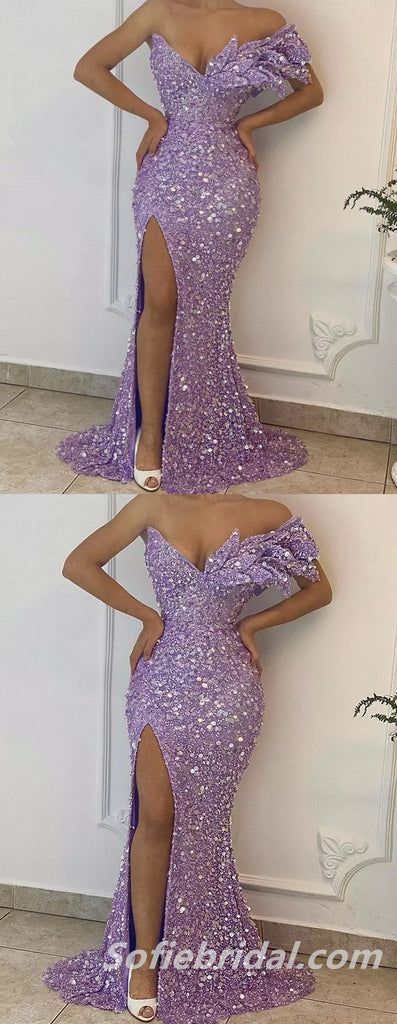 Sexy Sequin One Shoulder V-Neck Side Slit Mermaid Floor Length Prom Dresses,SFPD0232