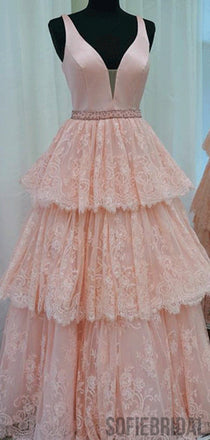 V-neck Pink Lace Long A-line Beaded Prom Dresses, PD0946