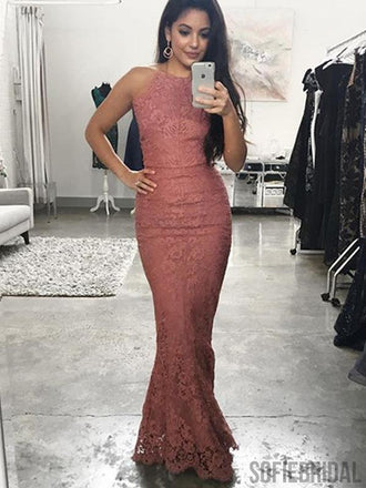 Halter Long Mermaid Lace Dusty Pink Prom Dresses, PD0924