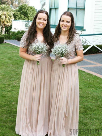 A-line V-neck Short Sleeves Sequins Long Tulle Bridesmaid Dresses, BD0573