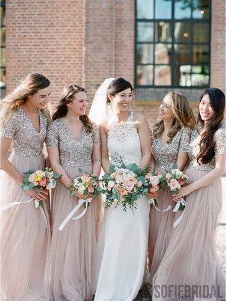 A-line V-neck Short Sleeves Sequins Long Tulle Bridesmaid Dresses, BD0573