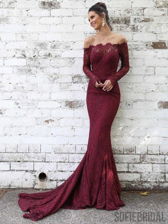 Off Shoulder Long Sleeves Prom Dresses, Mermaid Prom Dresses, PD0722