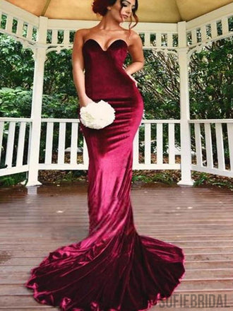 Sweetheart Velvet Long Mermaid Cheap Bridesmaid/Prom Dresses, PD0857