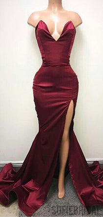 Sexy V-neck Long Mermaid Side Slit Satin Prom Dresses, PD0878