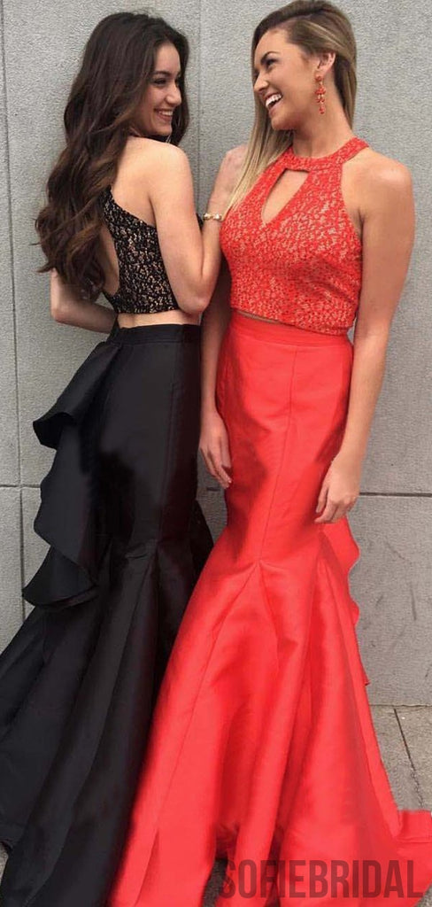 2 Pieces Lace Top Mermaid Satin Ruffles Prom Dresses, PD0893