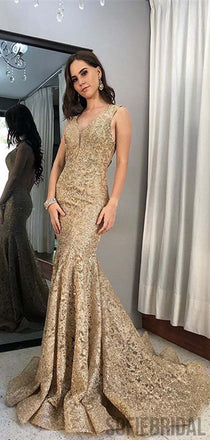 Sleeveless Long Mermaid Gold Lace Prom Dresses, Popular Prom Dresses , PD0777