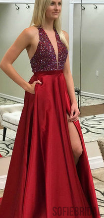 V-neck Red Satin Side Slit Long Beaded Prom Dresses, Halter Prom Dresses , PD0760