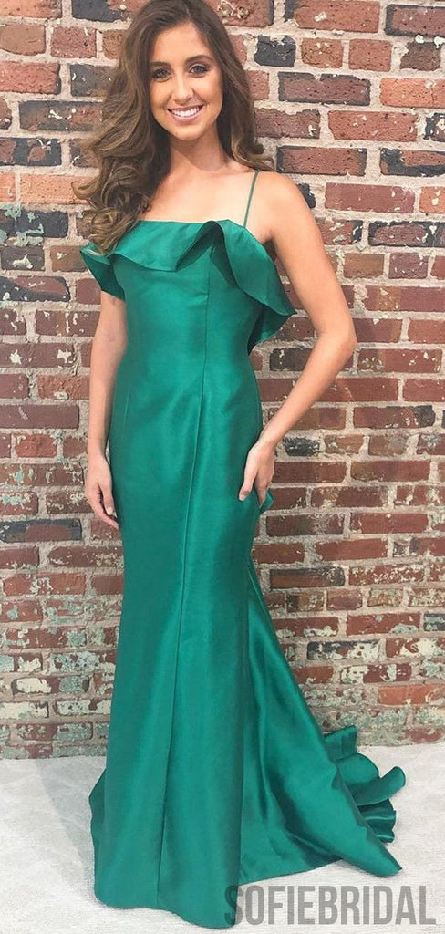 Spaghetti Long Mermaid Green Satin Prom Dresses, PD0965
