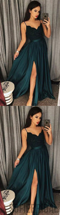 Spaghetti Lace Satin Prom Dresses, Side Slit Prom Dresses, Long Prom Dresses, Cheap Prom Dresses, PD0346