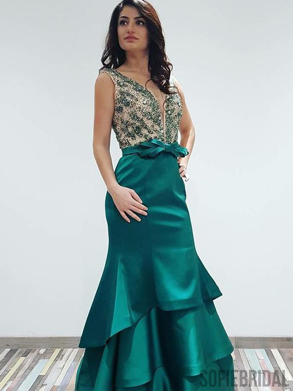 V-neck Emerald Green Satin Mermaid Beaded Prom Dresses, PD0917
