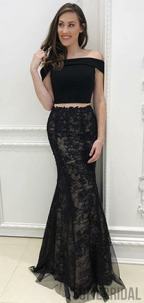 2 Pieces Black Prom Dresses, Lace Prom Dresses, Cheap Long Prom Dresses, PD0727