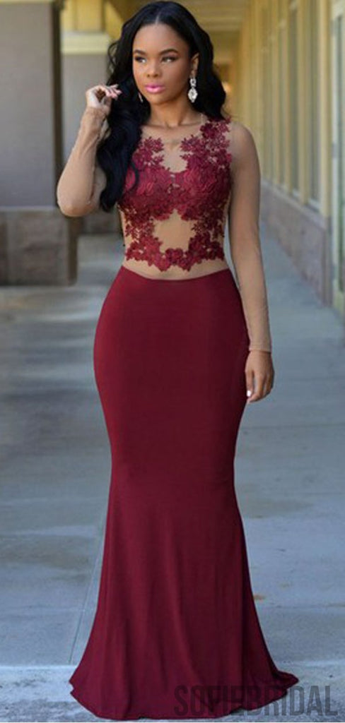 Long Sleeves Dark Red Lace Mermaid Jersey Prom Dresses, PD0982