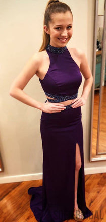 2 Pieces Beaded Purple Side Slit Prom Dresses, Sheath Long Prom Dresses, PD0708