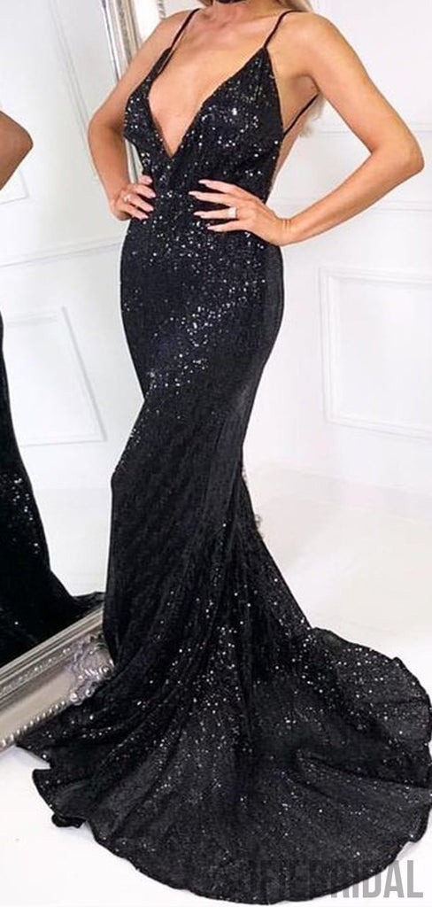 Sexy Backless Long Mermaid Black Sequin Prom Dresses, PD0827
