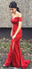 Off Shoulder Side Slit Red Soft Satin Long Prom Dresses, Mermaid Prom Dresses, PD0737