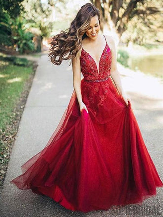 Spaghetti Red Lace Beaded Prom Dresses, Tulle Prom Dresses, Popular Prom Dresses, Prom Dresses, PD0593