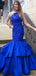 Halter Long Mermaid Royal Blue Satin Lace Beaded Prom Dresses, PD0890