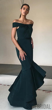 Off Shoulder Long Mermaid Dark Green Prom Dresses, PD0949