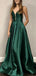 V-neck Long A-line Emerald Green Satin Prom Dresses, PD0974