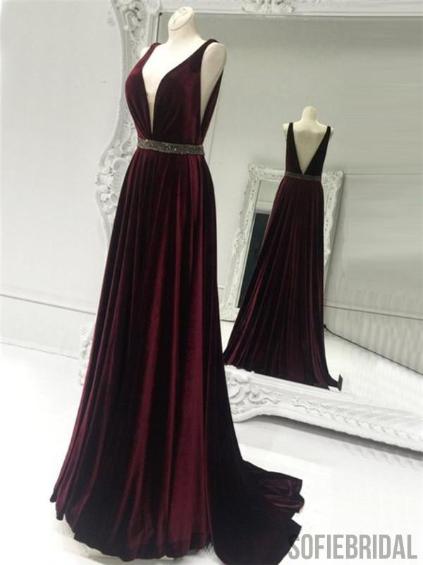 V-neck Velvet Prom Dresses, Beaded Prom Dresses, A-line Prom Dresses, Cheap Prom Dresses, PD0652