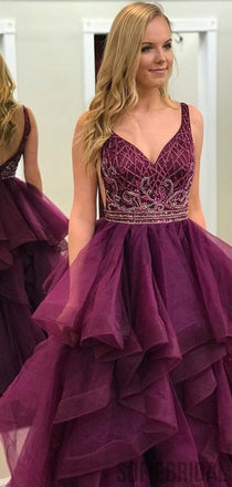 V-neck Beaded Long Prom Dresses, Popular Ball Gown, Prom Dresses, PD0755