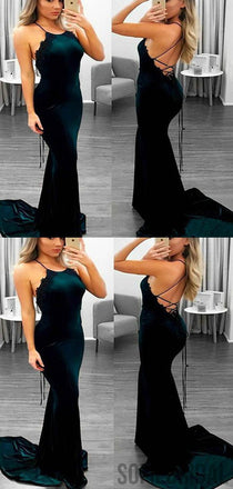 Sexy Mermaid Emerald Green Lace Up Velvet Prom Dresses, PD0808
